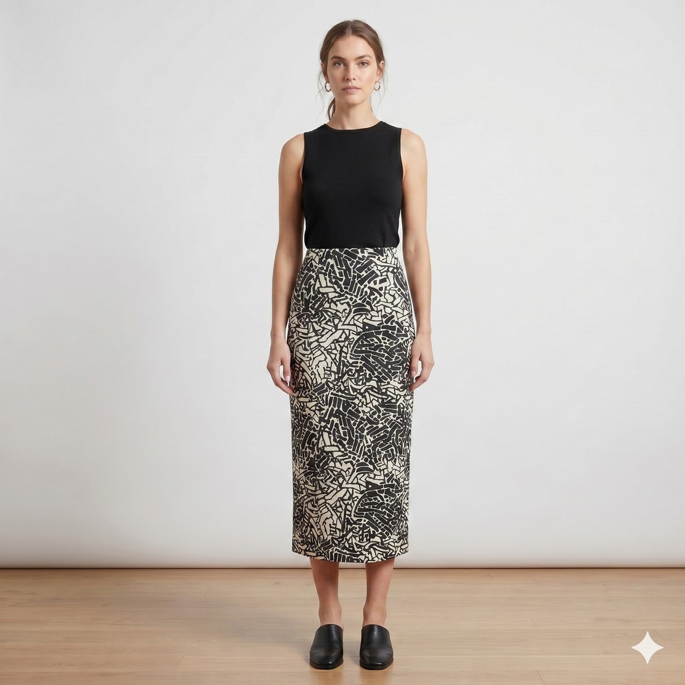 Vintage Plaza South Linen Blend Midi Skirt 90s Abstract Graphic Size 14 Indie